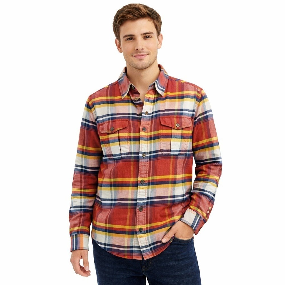 The North Face Men's Plaid Flannel Shirt Small‎ Red Mustard Cotton